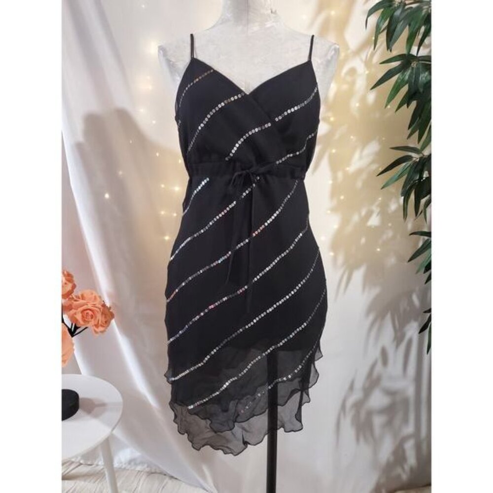 Dressbarn Vtg 90s Y2K Sequin Sheer Layered Tie Waist Dress Sz M Dark Fairy Goth